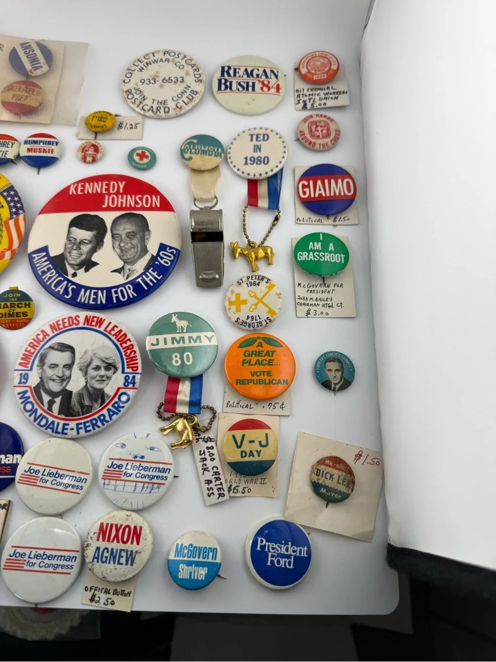 Vintage Political Campaign Button Lot 45+ Pins JFK Reagan Nixon Lieberman Dodd
